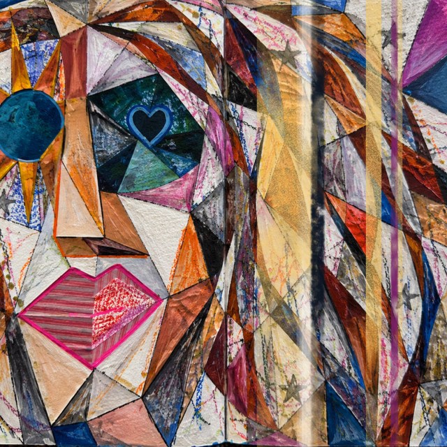 Abstract mixed-media portrait with a blue sun, heart-shaped eye, pink geometric lips, fractured shapes, and vertical translucent stripes.